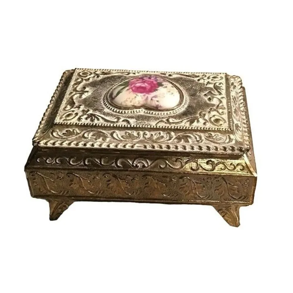 Vintage Japan Silver Plated Footed Jewelry Box Heart Floral Porcelain Inlay